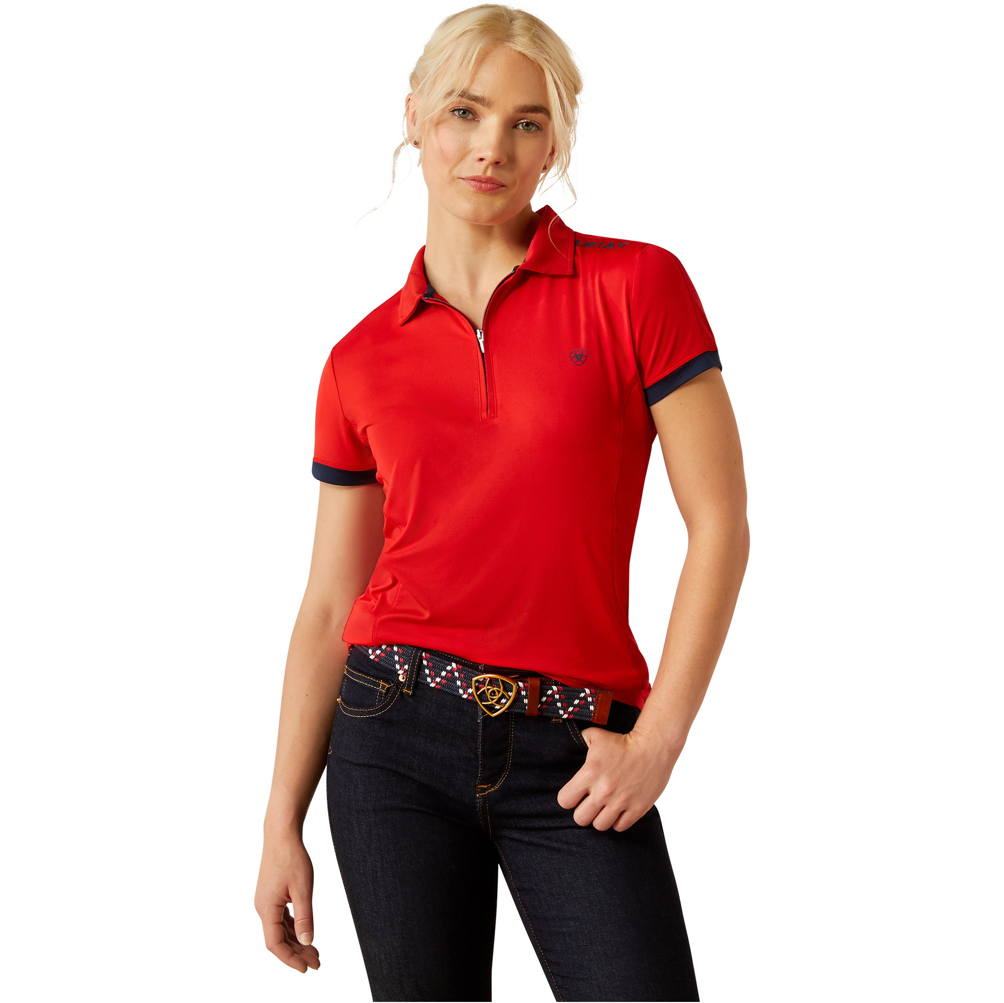 2025 Ariat Womens Bandera Team 1/4 Zip Short Sleeve Polo Shirt 10058542 - Weg Redt